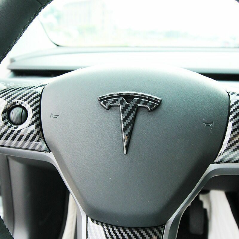 3Pcs Tesla Model 3 Y Steering Wheel/ Front Trunk / Rear Trunk Logo Cover Sticker Car Accessories Carbon Fiber ABS Stickers