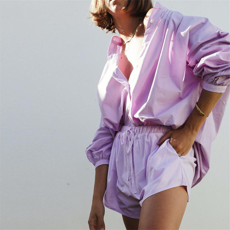 Женский комплект из двух предметов, Однотонная рубашка с воротником-стойкой, длинными рукавами и пуговицами, Свободный Повседневный топ и шорты, одежда на лето