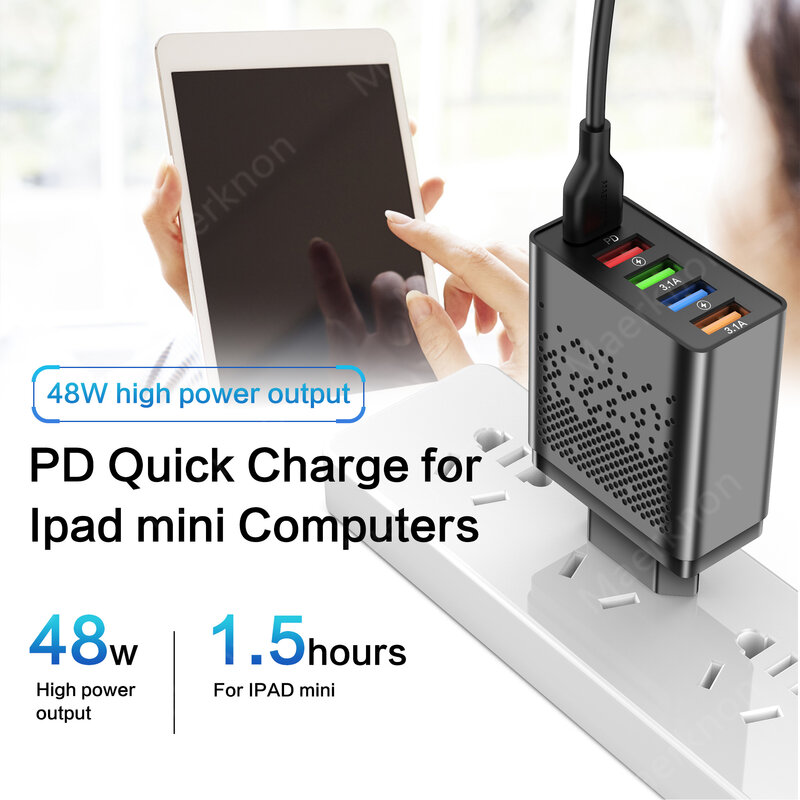 5 포트 USB 충전기 어댑터 48W PD 고속 충전기, 아이폰 삼성 샤오미 태블릿 고속 모바일 충전기 QC 3.0