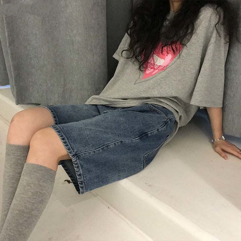 Baru Musim Panas Wanita Antik Y2K Streetwear Celana Pendek Denim Pinggang Tinggi Panjang Lutut Lebar Kaki Longgar Alt Celana Pendek Kargo Celana Pendek Wanita