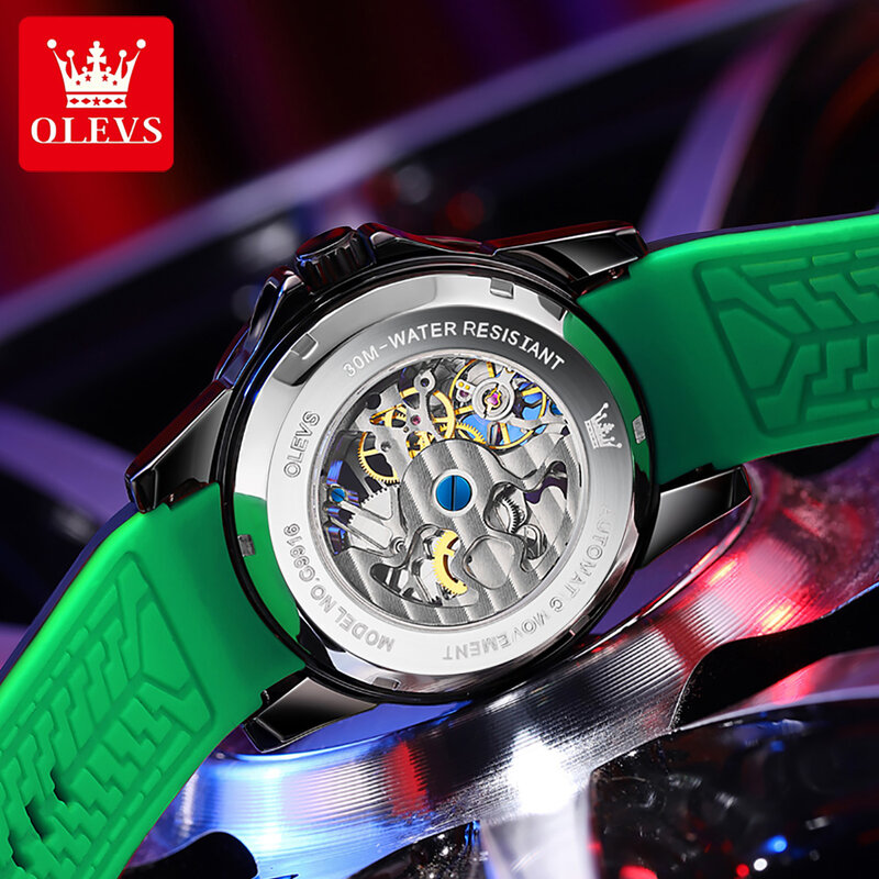 Olevs esporte pulseira de silicone relógio para homem à prova dwaterproof água automático mecânico completo-automático grande dial na moda relógios de pulso