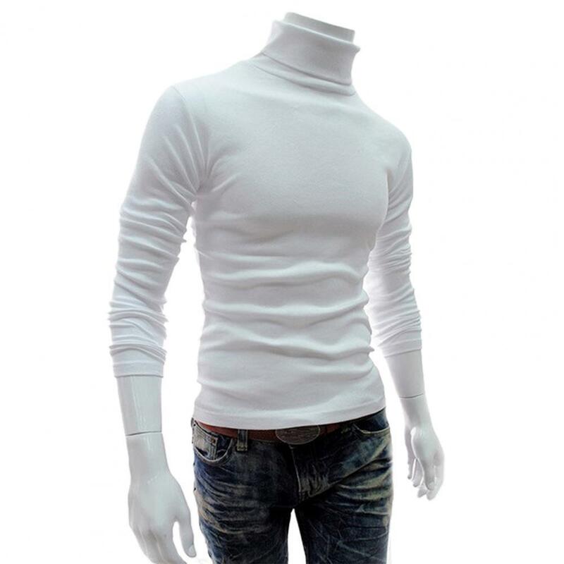 Venda quente outono inverno camisola masculina manga comprida gola alta pulôver cor sólida elástico de malha camisa