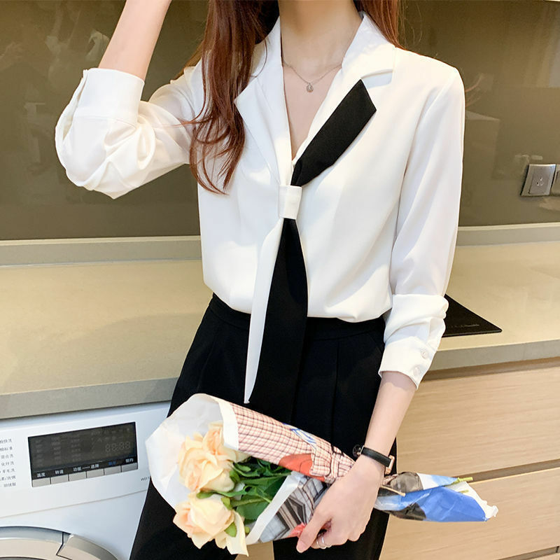 Camisa de manga larga para mujer, de trabajo profesional blusa de chifón, Top informal de oficina, color blanco, a la moda