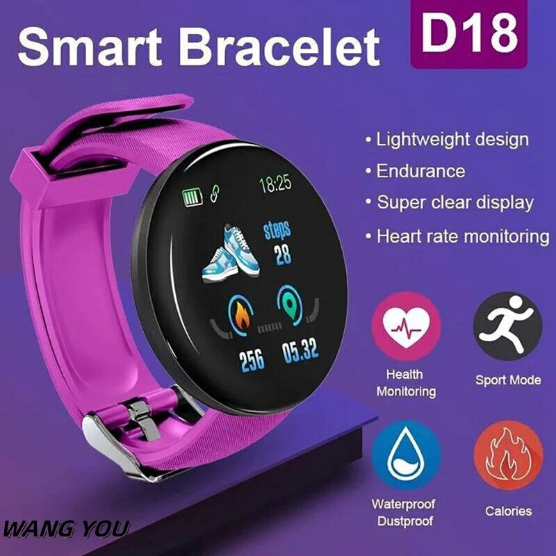 D18 Smartwatch para Homens e Mulheres, Pulseira Smartwatch, Frequência Cardíaca, Pressão Arterial, Rastreador de Fitness, Smartband Esportivo, iOS, Android, Atualização