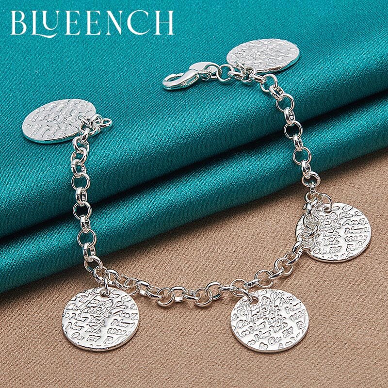 Blueench 925 prata esterlina lettering redondo pingente pulseira para mulheres noivado casamento moda glamour jóias