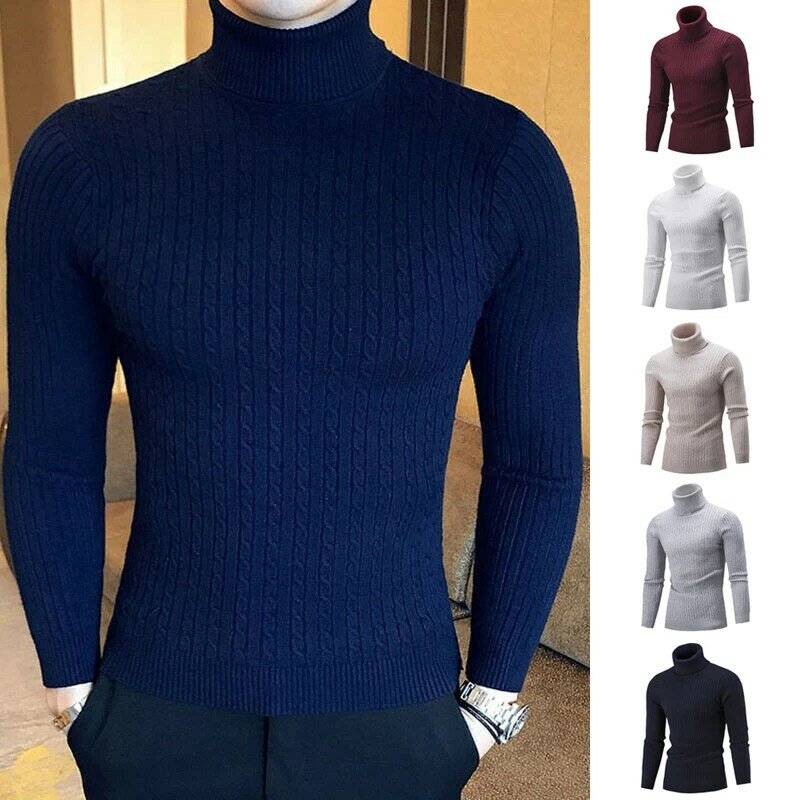 Suéteres Jacquard de cuello alto para hombre, Jersey deportivo de manga larga, cálido, Color sólido, tejido, ropa de Año Nuevo, invierno, novedad