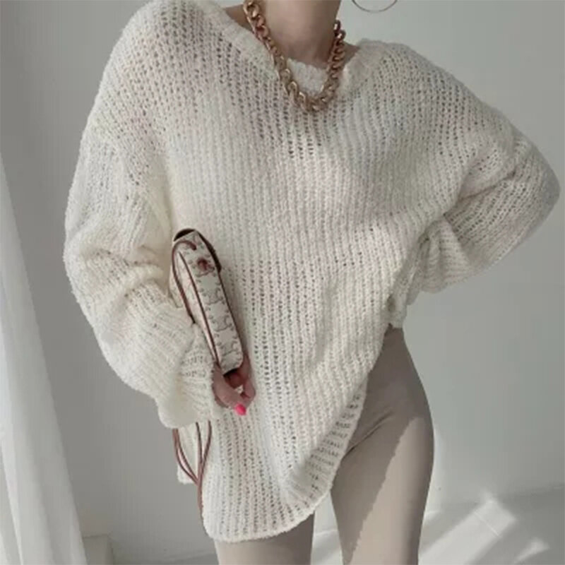 Pakaian Wanita Sweter Rajut Sederhana Korea Leher Bulat Lengan Panjang Kasual Mode Antik Atasan Longgar Wanita Musim Gugur