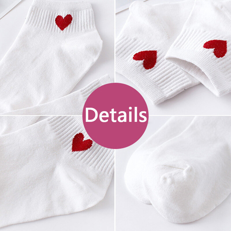 Calcetines cortos con corazones rojos para mujer, medias de algodón suave, 10 piezas, para verano y otoño, gran oferta, 5 pares