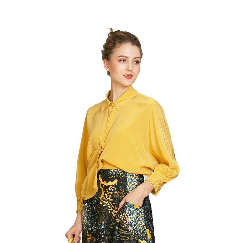 100% Real Silk Ladies Solid T-Shirt Mulberry Silk Long Sleeved Vintage Yellow Blouses Women Casual All-match Elegant Tops