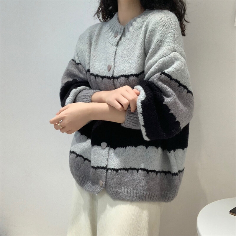 Moda feminina estilo coreano malha listra camisola jaqueta senhora outono e inverno casual polo cardigan solto camisola y2k 2022