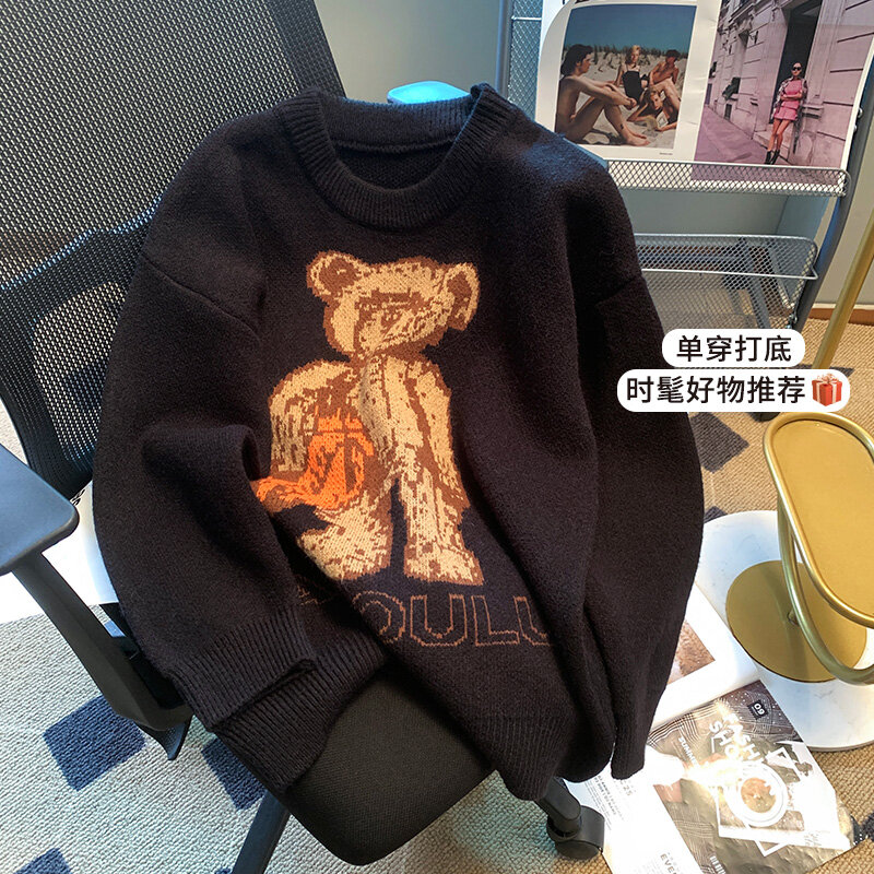 Inverno donna addensare Harajuku Cartoon Bear Jacquard maglione manica lunga o-collo maglione lavorato a maglia Chic Casual allentato morbido Pullover