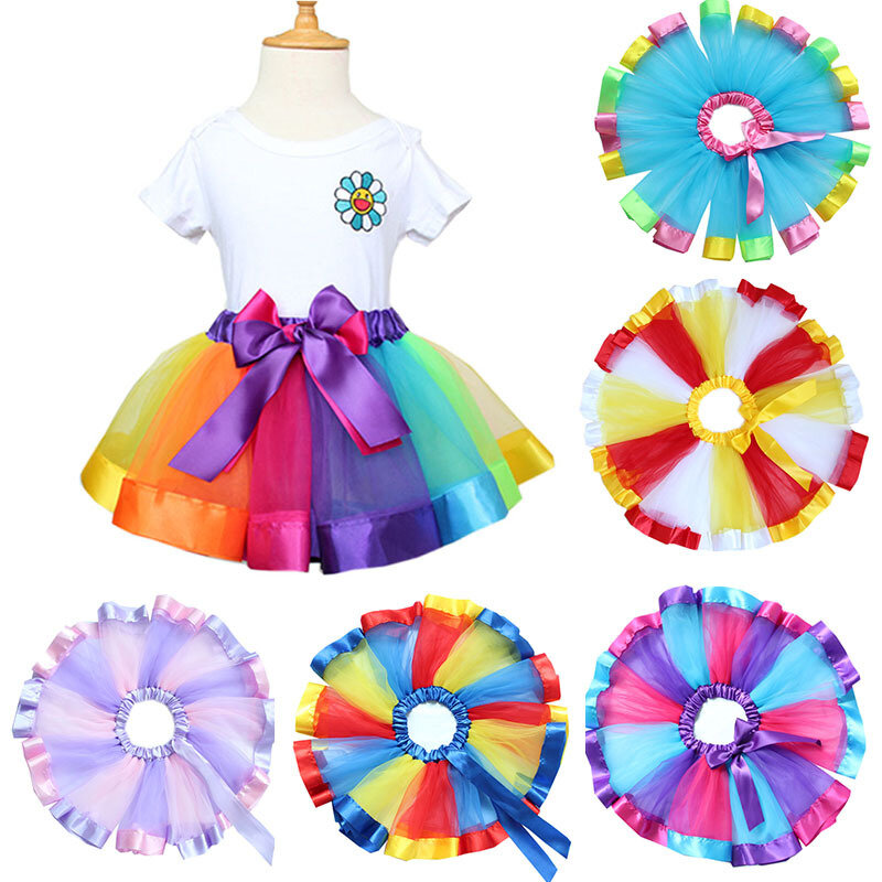 Детская юбка принцессы, разноцветная Радужная Тюлевая пушистая юбка-пачка с бантом для девочек, для вечерние ринки, для детей 1-8 лет