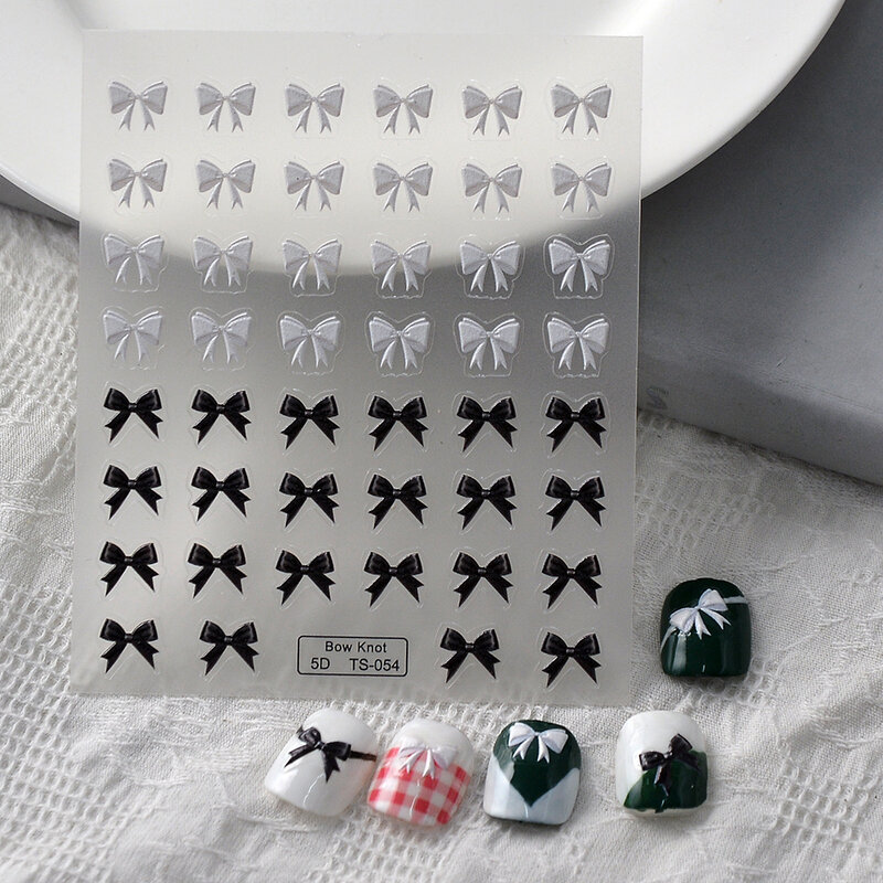 Black and White Bows 5D Nail Sticker Ongle Faux Nail Sliders Manicura Decals TS-054