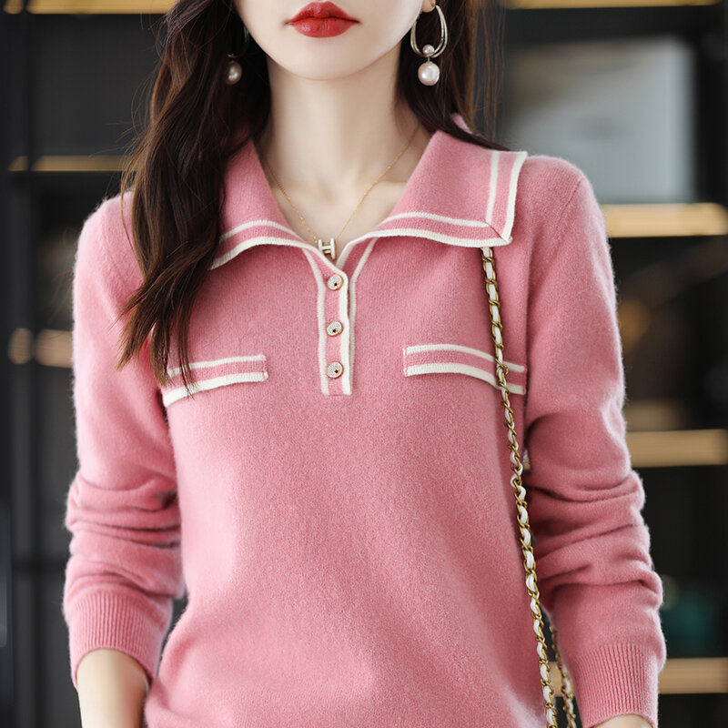 Pulôver de cashmere de lã pura gola polo feminino solto camisola outono inverno versátil na moda estilo ocidental camisa de fundo