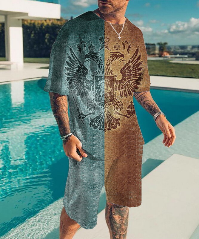 Men's Hawaiian Oversized T-Shirt + Shorts Sportswear 2-Piece Fashion Beach Streetwear Summer Men's Suit