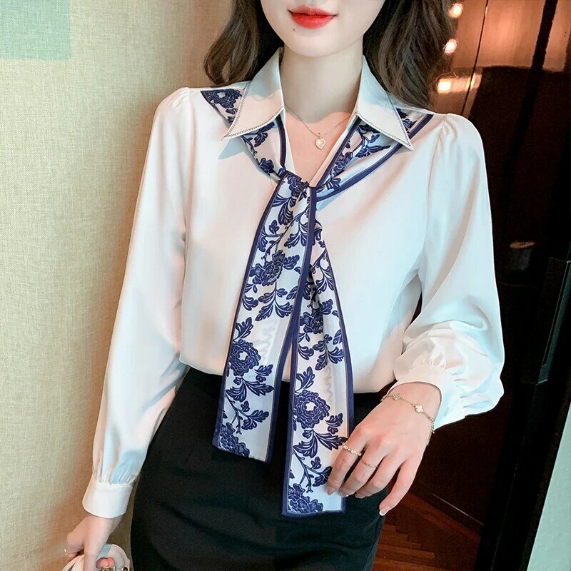 Primavera nova moda projetado camisas femininas colarinho azul e branco porcelana impressa fita temperamento branco camisa de manga longa