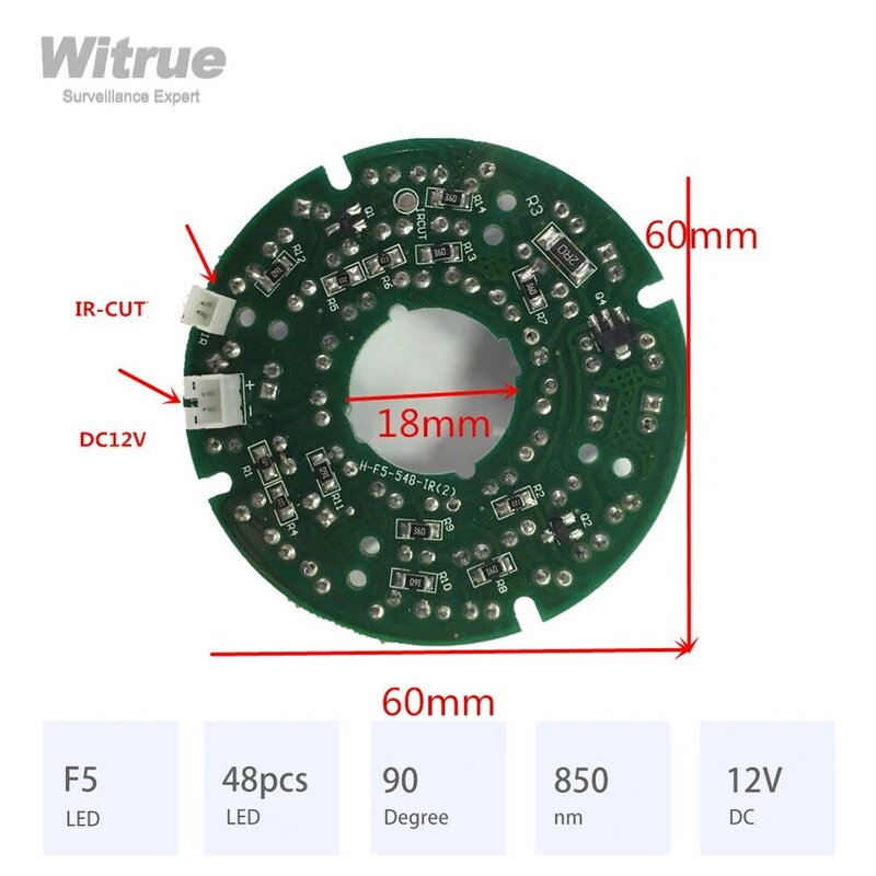 Witrue 48pcs IR LED Infrared Board 850nm 90 Degree for Surveillance CCTV Cameras Night Vision Accessories