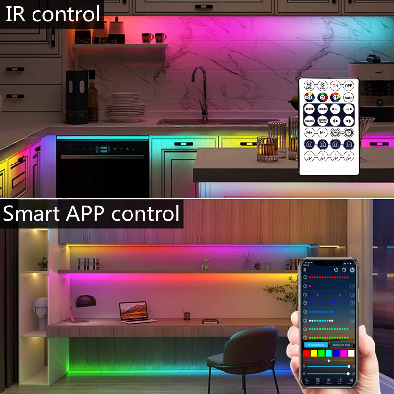 Lampu Strip LED RGBIC WS2812 SMD 5050 Dekorasi Remote Control Bluetooth Ruang Keluarga Lampu Fita Model Musik Senar Latar Belakang