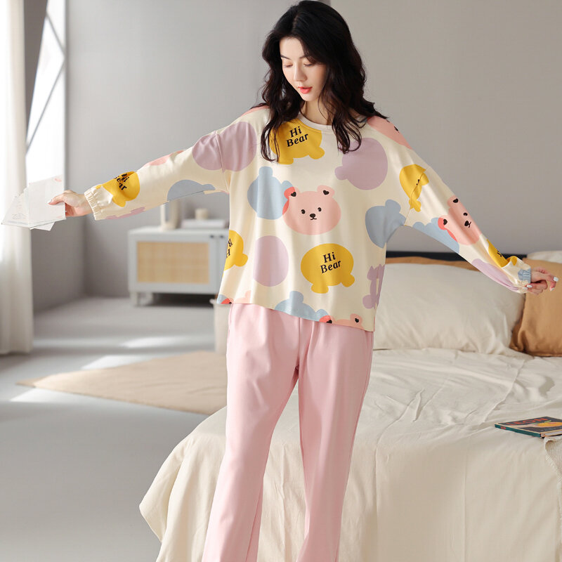 MiiOW Celana Panjang Lengan Panjang Katun Beruang Kartun Cantik Piyama Pakaian Santai Musim Gugur dan Dingin Setelan Pakaian Rumah Wanita