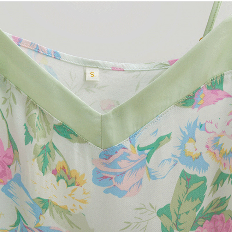 2022 Summer Ladies Suspender Shorts Pajamas Sexy V-Neck 100% Viscose Satin Vanilla Mint Print Suit Thin Young Woman Homewear