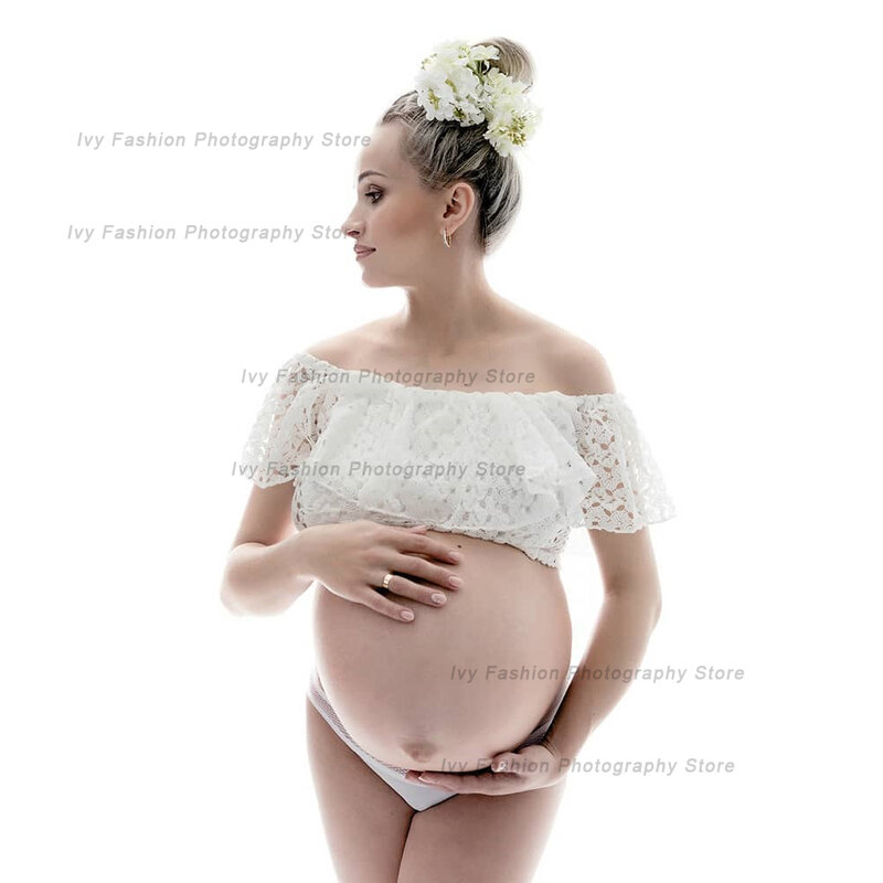 Maternity Photography Props Transparent Tulle Three Dimensional Flower Sexy Hollow Lace Ruffled Short Top Photo Shoot Clothing