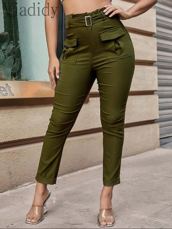 Pantalones pitillo de cintura alta para mujer, pantalón informal con cinturón, diseño de bolsillo, Color liso, otoño