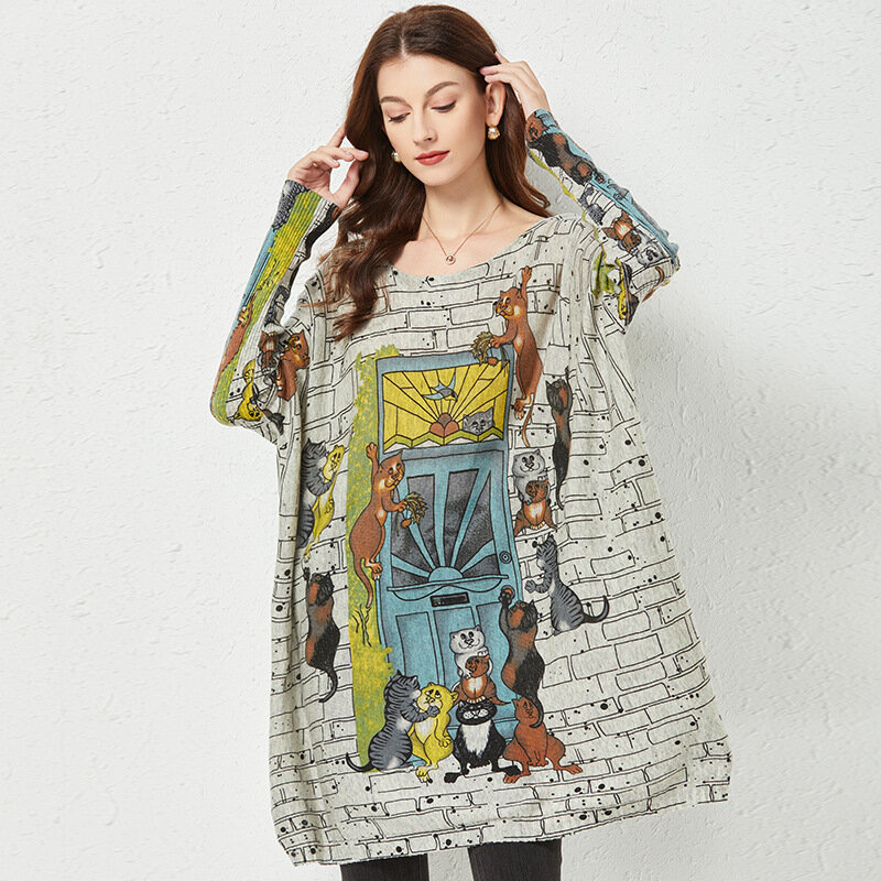 Sweter z motywem kreskówki kobiety w połowie długości najniższy dzianinowe swetry drukuj luźny odzież wierzchnia leniwy styl z długimi rękawami topy zimowe ubrania