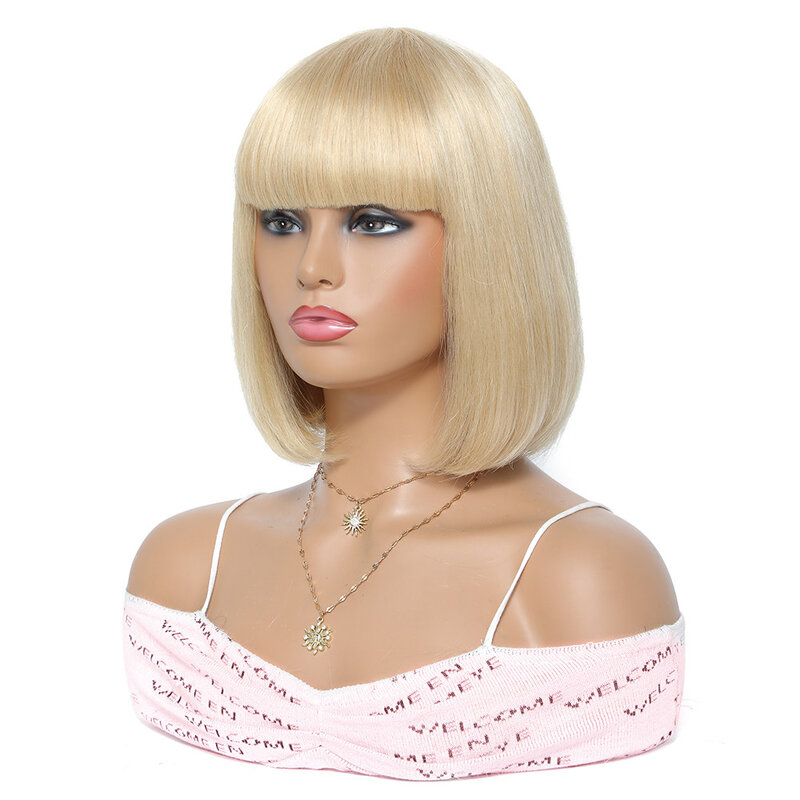 613 blond krótki prosto Bob peruka z grzywką dla czarnych kobiet brazylijski Remy ludzki włos pełna maszyna wykonane Glueless Fringe