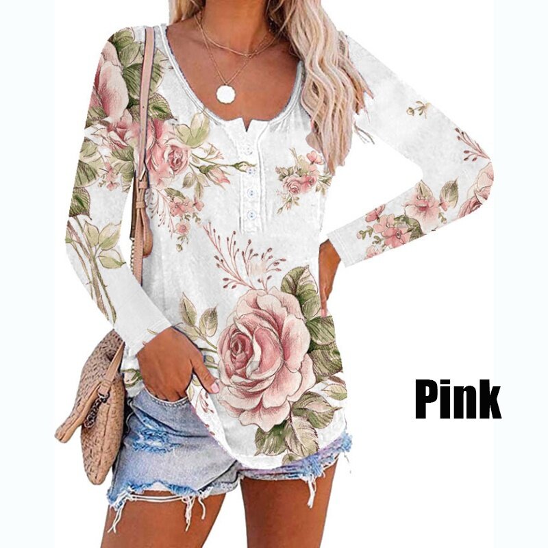 2023 Women Fashion Autumn Winter Flower Print Casual Long Sleeve Top Crew Neck Top Button Loose Summer T-Shirt