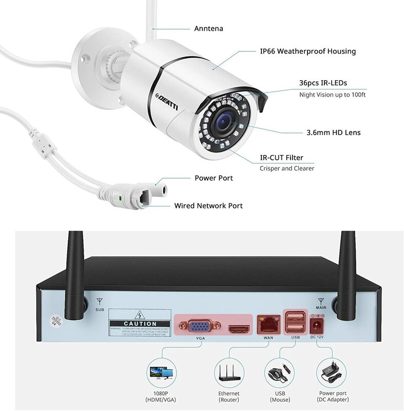 DEATTI – caméra de Surveillance Bullet 3mp, Vision nocturne, fonctionne uniquement avec l'ensemble sans fil DEATTI Wlan 8ch HD 3mp Nvr