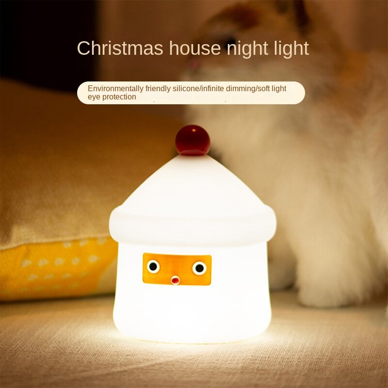 Lampu malam kecil dengan pengisi daya USB, lampu meja dan lampu suasana samping tempat tidur, rumah Natal, tidur silikon, hadiah kreatif