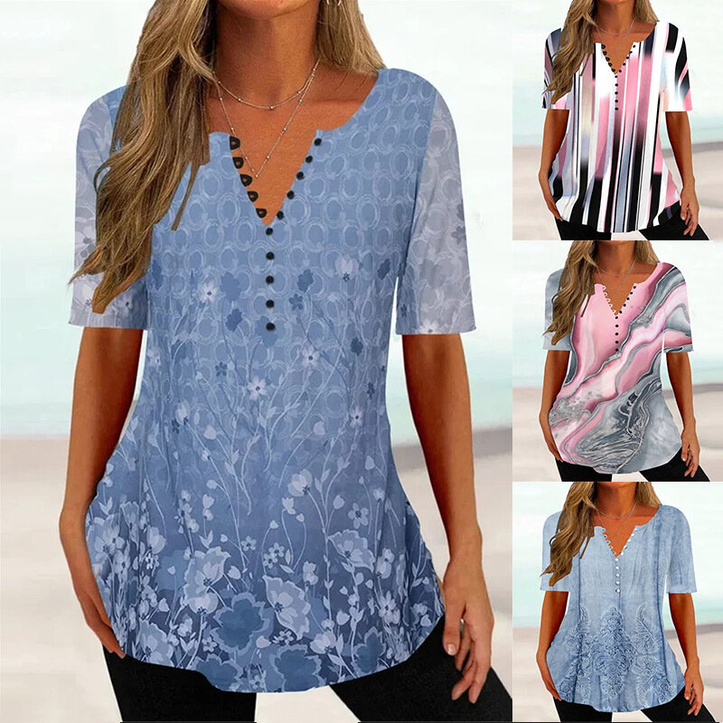 2023 Sommer neue Mode Damen bekleidung lose lässige V-Ausschnitt Kurzarm gedruckt Plissee Button-Down-Pullover Shirt weibliches Top