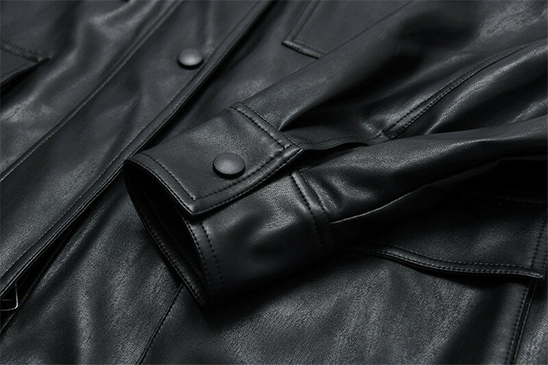 2022 Winter Mode Lange Schwarz PU Jacke Frauen Übergroßen Windjacke Belted Mantel Chic Street Fashion Faux Leder Jacken