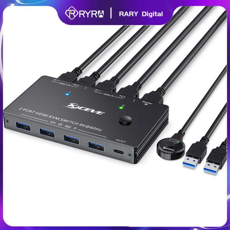 RYRA-USB KVM 스위치 2 포트 USB 3.0 스위처 8K HDMI KVM 스위치 PC 키보드 마우스 프린터, 2 개 공유 4 장치 USB 스위치