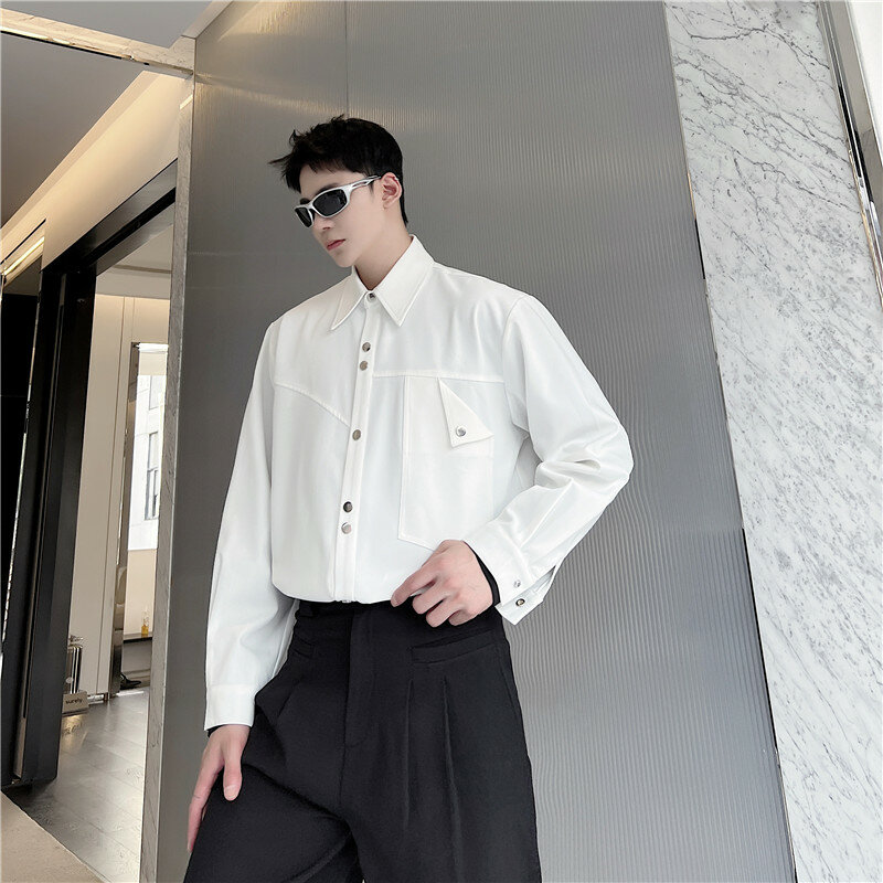 Chic Mannen Shirts Originele Designer Onregelmatige Pockets Lange Mouwen Metalen Gesp Fall Oversize Top Japan Stijl Mannen Kleding
