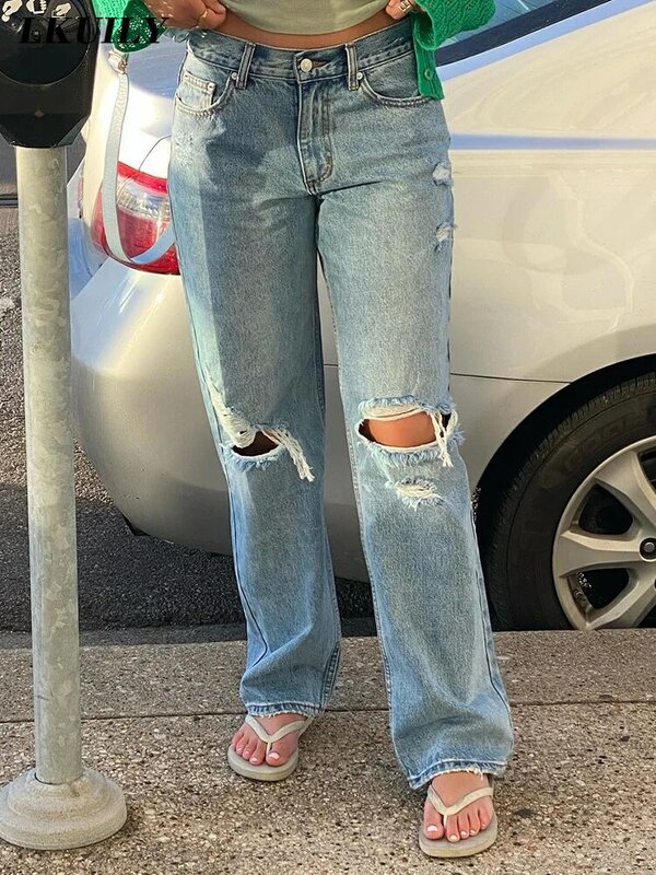 Jeans Berlubang Fashion Wanita Pakaian Famale Jeans Kasual Pinggang Tinggi Y2K Streetwear Denim Kaki Lebar Jeans Lurus Estetika Longgar