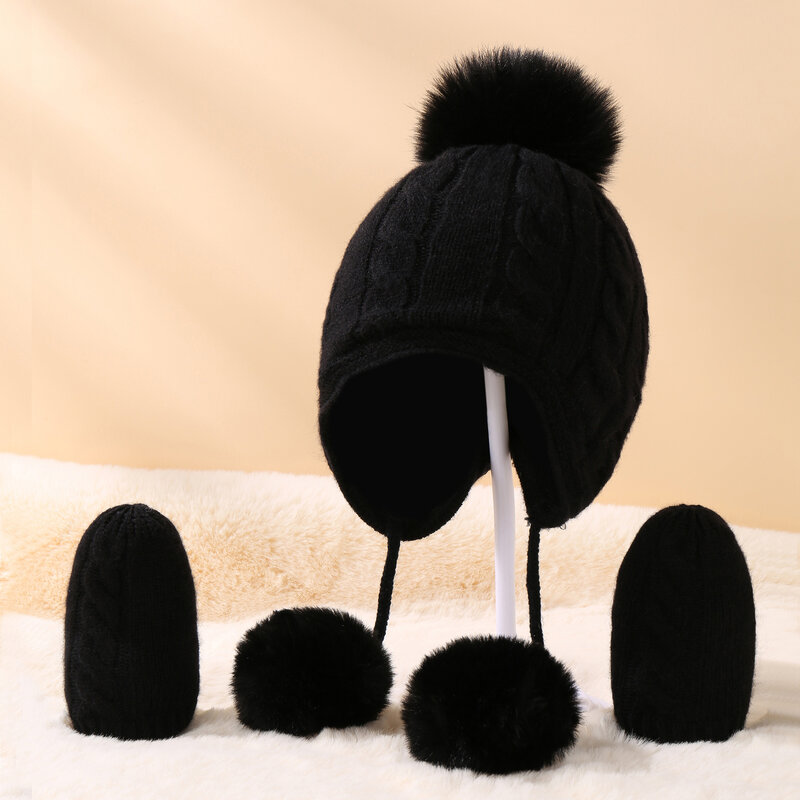 Детские аксессуары, зимняя теплая детская шапка с перчатками, Шапка-бини с помпоном, милый головной убор для мальчиков и девочек, теплая шапочка для ушей, детские шапки
