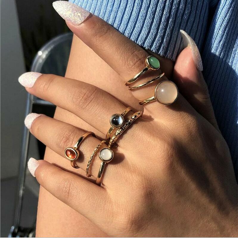 2022 New Colorful Stone Rings Set for Women Girls Trendy Metal Chain Geometric Square Round Rings Jewelry Gifts Accessories