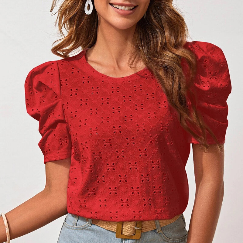 Zomer Holle Jacquard Tops Mujer Geplooide Puff Korte Mouw O Hals Blouse Elegante T-shirt Vrouwen Zoete Casual Shirts 25345