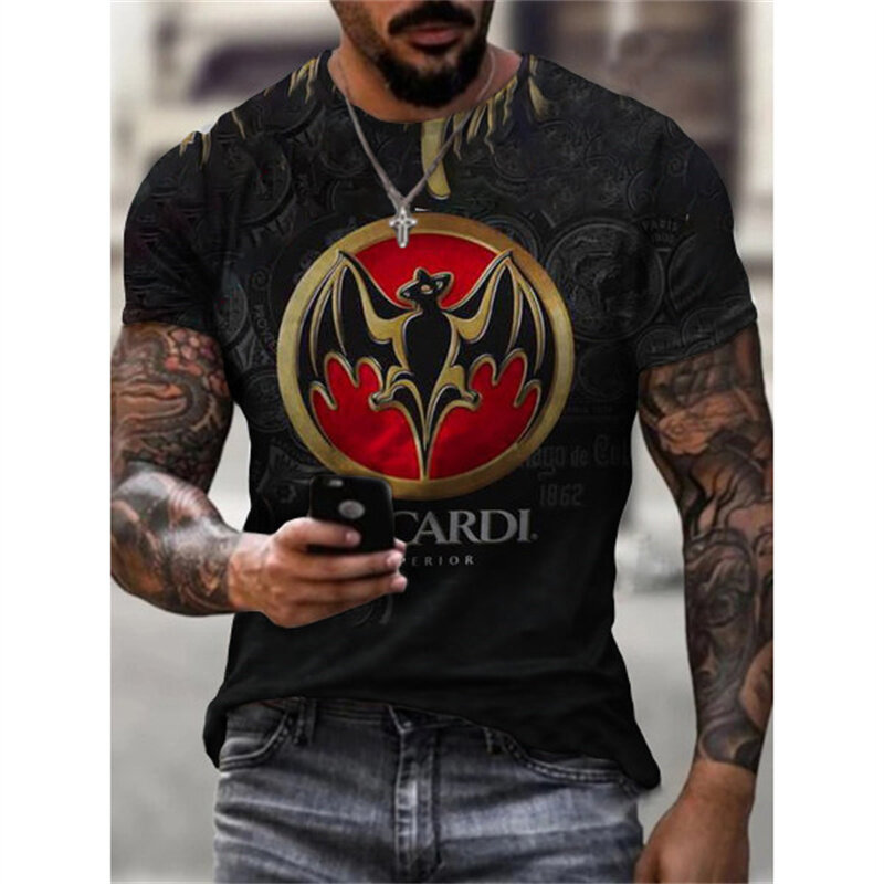 Bacardirum-ヴィンテージの男性用Tシャツ,特大のラウンドネックの半袖トップス,ストリートファッション,デジタルプリントパターンのストリートウェア