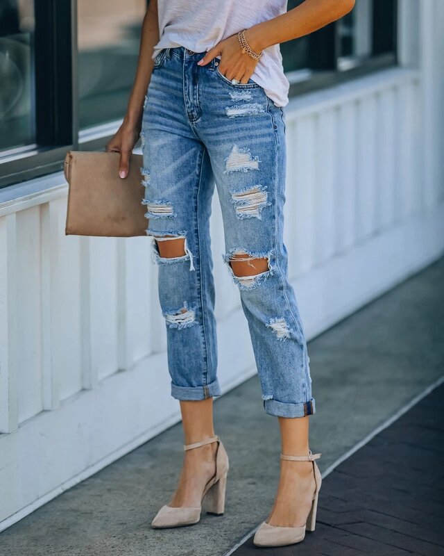 Streetwear Celana Lurus Jeans Wanita Celana Kaki Lebar Longgar Pinggang Tinggi Robek Y2k Musim Panas Jeans High Street Ukuran Plus
