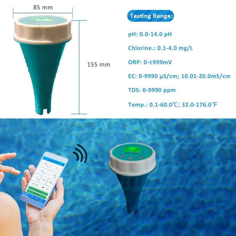 Analizador de agua de piscina inteligente flotante, 6 en 1, pH, cloro, EC, TDS, ORP, probador de temperatura para Spa, agua de piscina con aplicación Bluetooth