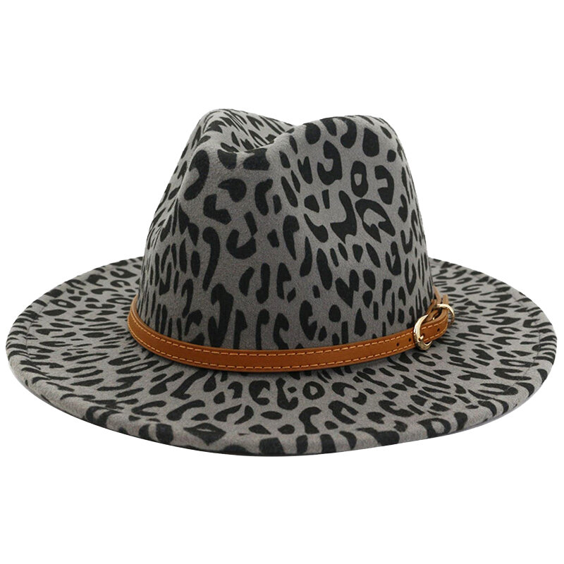 Fedora – chapeau en feutre imprimé léopard à large bord pour homme et femme, style Jazz, Vintage, ceinture, automne