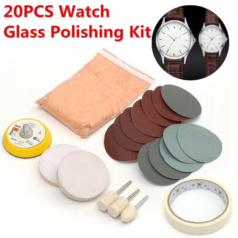 20 pz/set Kit di lucidatura del vetro dell'orologio ossido di cerio polvere e ruota 50mm tampone di lucidatura del supporto per la pulizia del vetro rimozione dei graffi