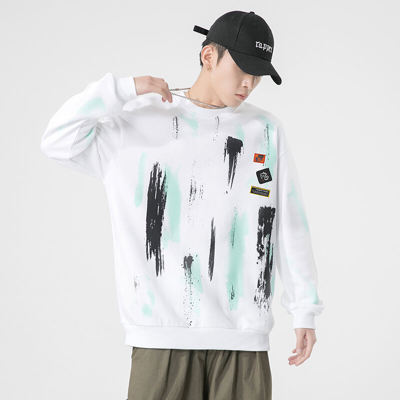 2023 New Men Harajuku Retro Round Neck Sweatshirts Graffiti Print Hoodies Y2k Hip Hop Jogger Sweatshirt Korean Fashion Pullover