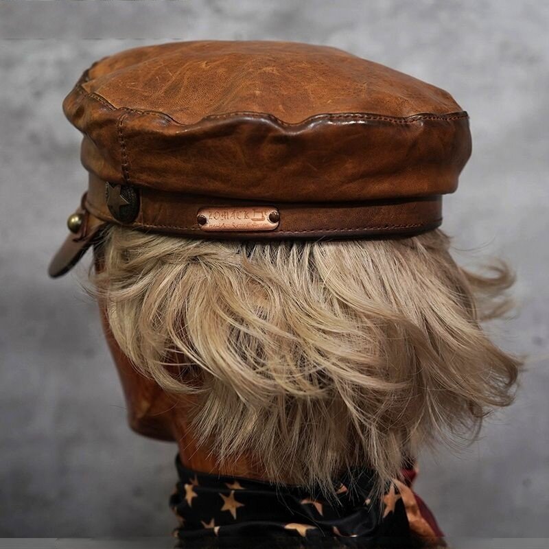 Genuine Leather Sailor Cap Motorcycle Fisherman Style Distressed Unisex Flat Top Hat