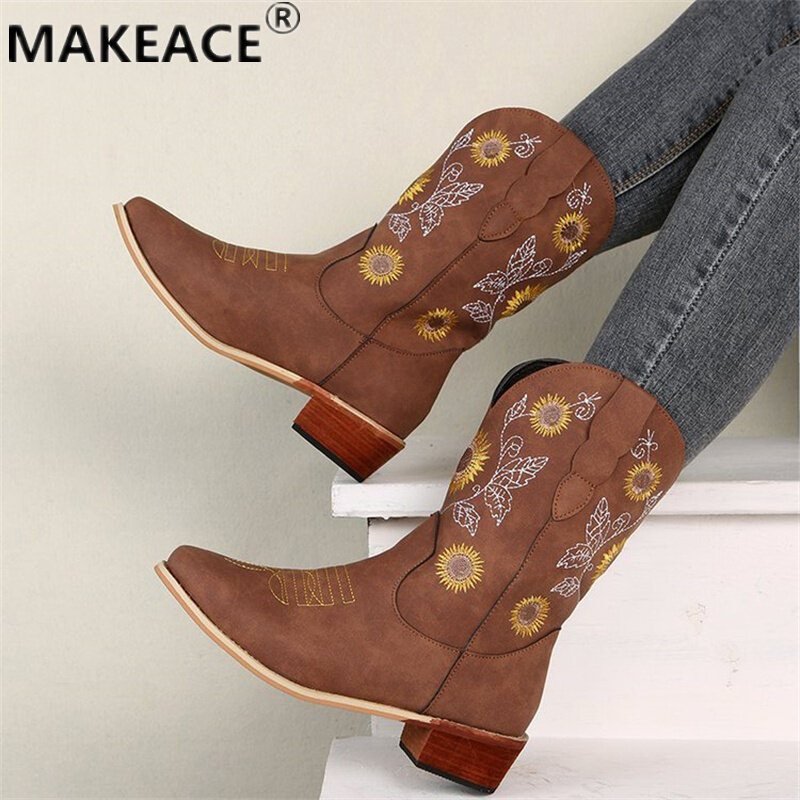 Ladies Mid-tube Boots Leather Embroidered Fashion Boots 2021 Fashion Set Foot Chelsea Boots Casual Martin Boots Calf Boots