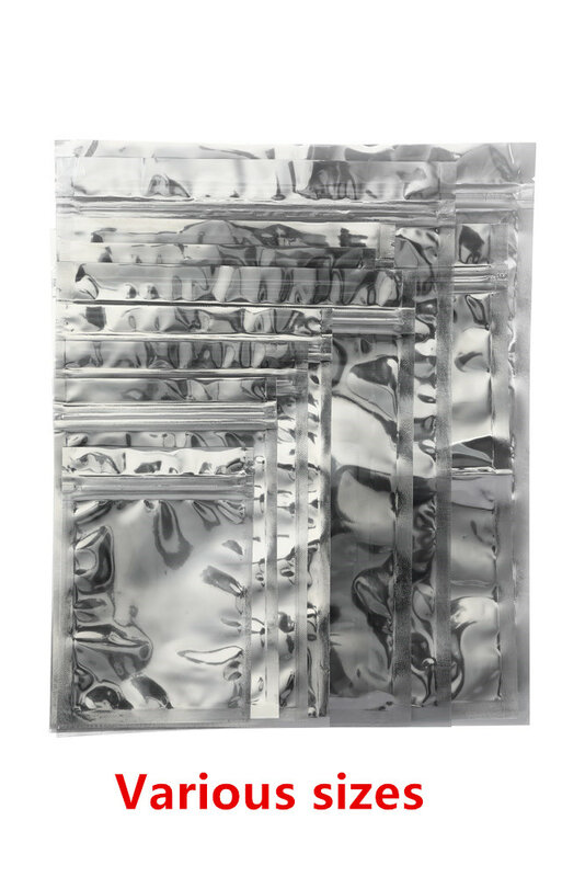 كيس ألومنيوم قابل لإعادة الغلق ، سحاب ، فضي ، معدني ، مايلر ، 100 × 12 سم