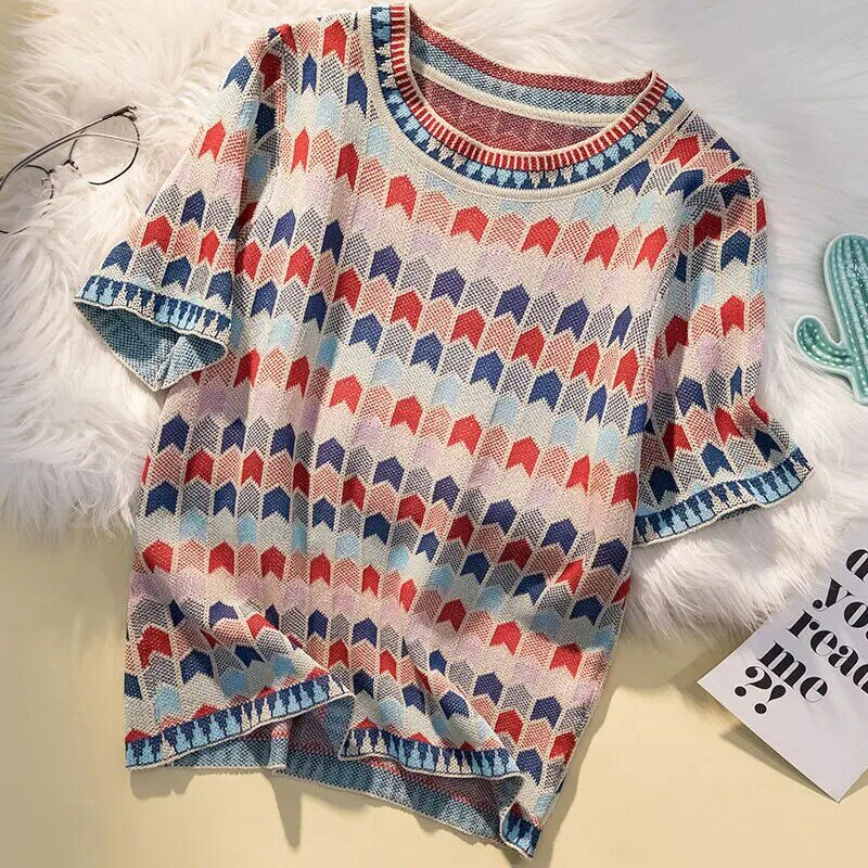 2022 summer T-Shirt Large half sleeve mosaic color versatile round neck knitted pullover top loose fashion short sleeve
