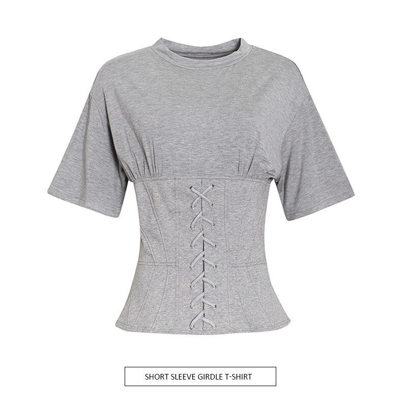 女性の無地のTシャツ,新しいヨーロッパのアメリカとアメリカンファッションの半袖ラウンドネック,定義されたウエストバンド,グレーのトップス2022